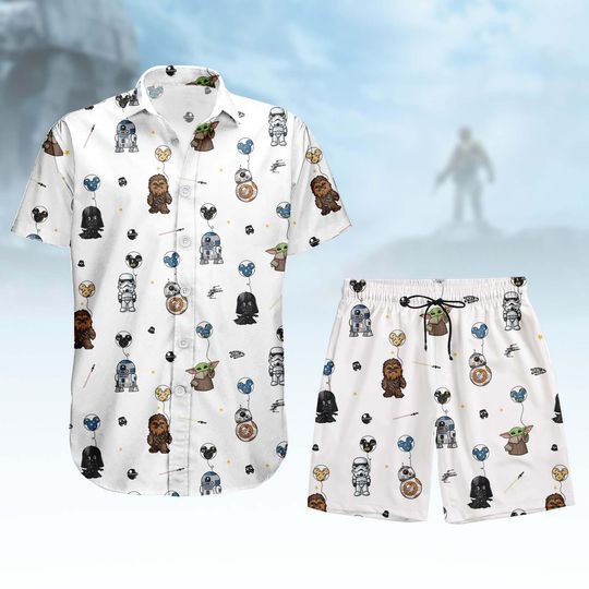Star Wars Button Shirt Shorts, Galactic Shorts, R2-D2 Hawaiian Shirt, Chewbacca Hawaii Shorts, Holiday Gift