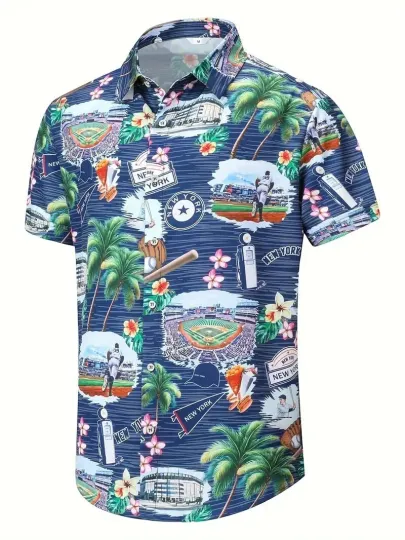 Discover New New York Baseball Hawaiian Button Up Shirt Blue Men's Medium