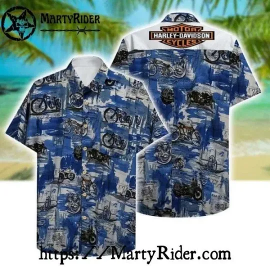 Discover Blue Motorcycle Collage Harley Motor Racing Davidsonn Hawaiian Shirt