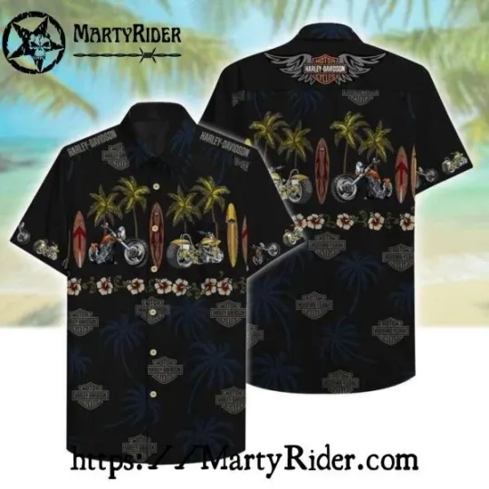 Discover Black Surfboard And Bikes Harley Motor Racing Davidsonn Hawaiian Shirt