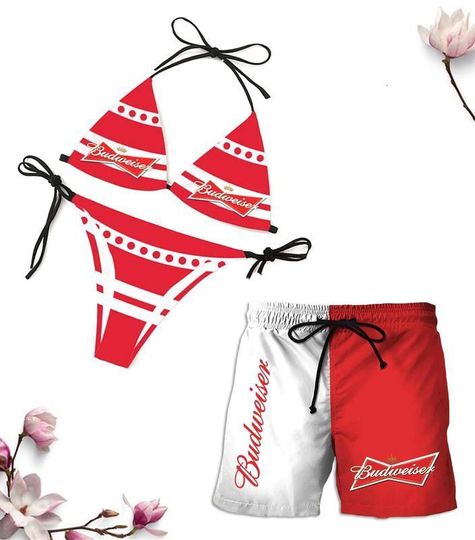 Discover [Shorts not included] Red and White Matching Swimwear Set Featuring Iconic Beer Brand Graphics, Triangle String Bikini