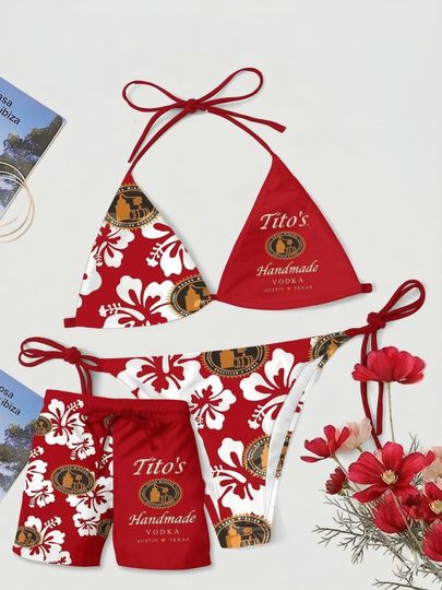 Discover [Shorts not included] Twisted Tea Red Swimwear, Featuring Iconic Beverage Graphics, Adjustable Triangle Bikini Top