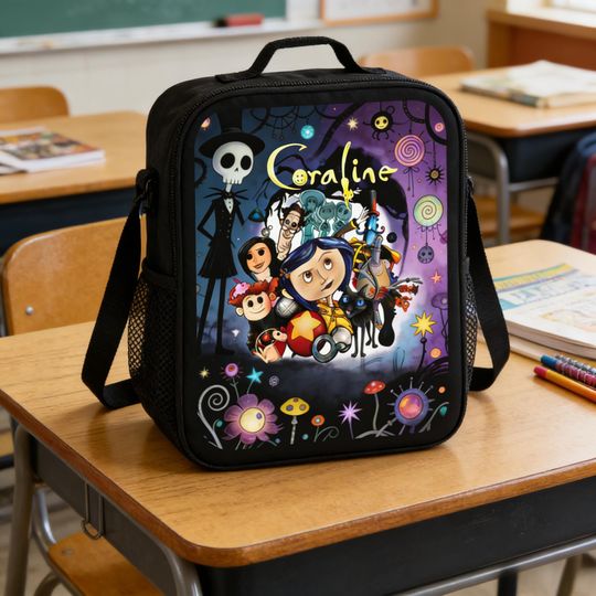 Coraline Insulated Kids Lunch Bag, Spooky Gothic School Tote with Shoulder Strap