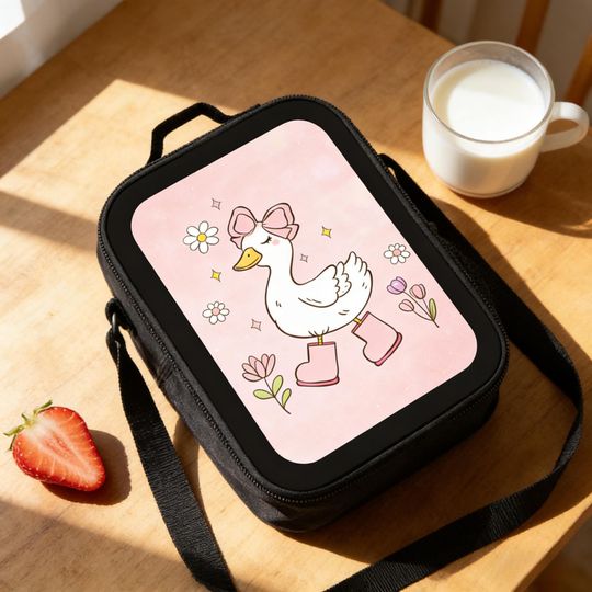 Discover Silly Goose Insulated Lunch Bag, Duck in Pink Boots Floral Tote