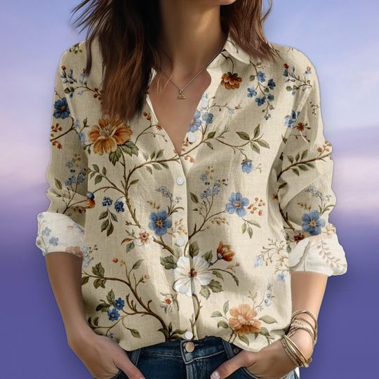 Discover Vintage Floral Blouse Shirt for Women, Beige Button-Up with Blue and Orange Flowers