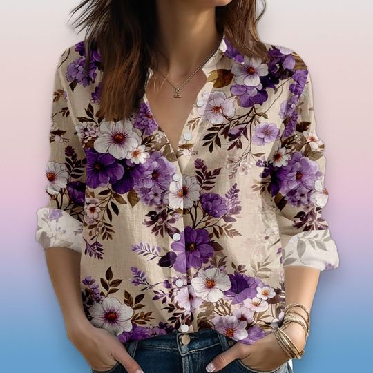 Discover Women's Floral Blouse Shirt, Long Sleeve Button-Up Top, Beige with Purple and White Flower Print