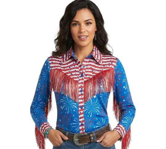 Discover Women's Americana Western Show Shirt with Patriotic Stars & Stripes Fringe