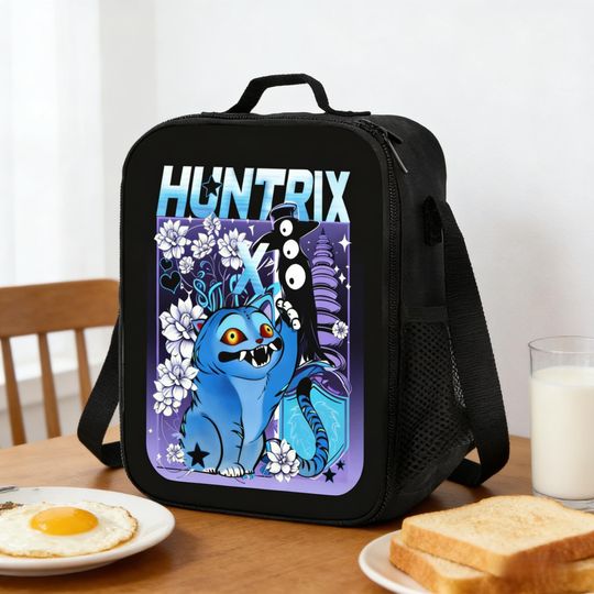 Kpop Huntrix Blue Cat Lunch Bag, Gothic Floral Fan Tote for School and Breakfast