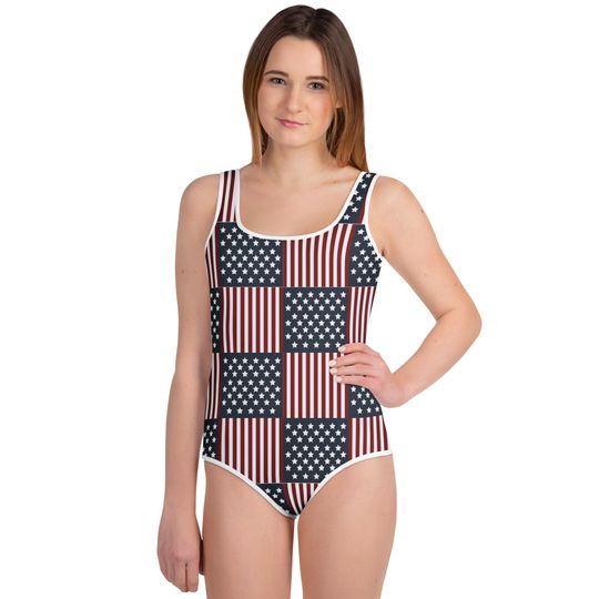 Discover Girls Fourth Of July One Piece Swimsuit, Big Kid Patriotic Red White Blue USA Swimwear