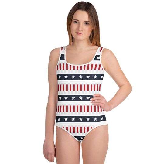 Discover Girls Fourth Of July One Piece Swimsuit, Big Kid Patriotic Red White Blue USA Swimwear