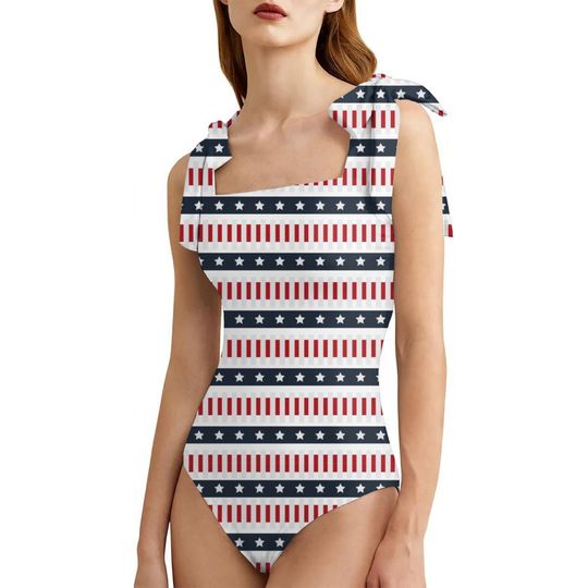 Discover Fourth Of July Shoulder Tie One Piece Swimsuit, Patriotic USA Bathing Suit, Red White Blue Swimwear