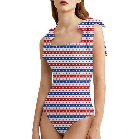 Discover Fourth Of July Shoulder Tie One Piece Swimsuit, Patriotic USA Bathing Suit, Red White Blue Swimwear