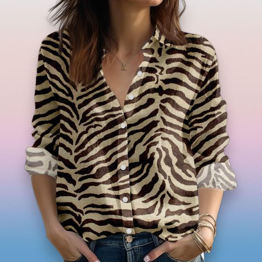 Discover Women's Zebra Print Blouse Shirt, Button Down Top, Long Sleeve Animal Print Shirt, Casual Loose Fit Safari Style Outfit