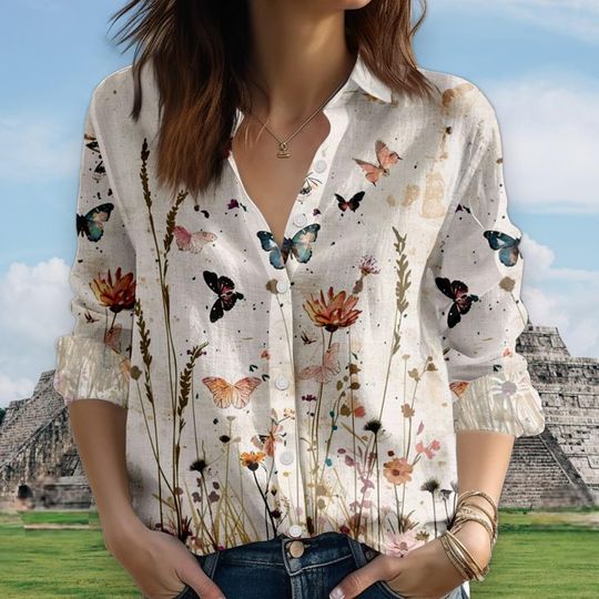 Discover Floral Butterfly Blouse Shirt, Boho Button-Up Shirt for Women, Nature Inspired Shirt, Butterfly and Flower Print Top