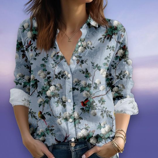Discover Blue Floral Bird Button Shirt, Long Sleeve Blouse, Casual Women Top, Elegant Nature Print Shirt, Spring Summer Outfit