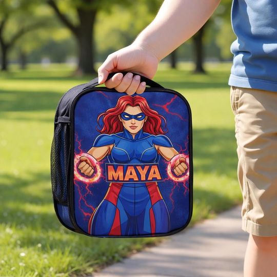 Discover Personalized Superhero Lunch Bag with Name | Custom Insulated Lunch Tote Kids | Back to School Gift Boys Girls