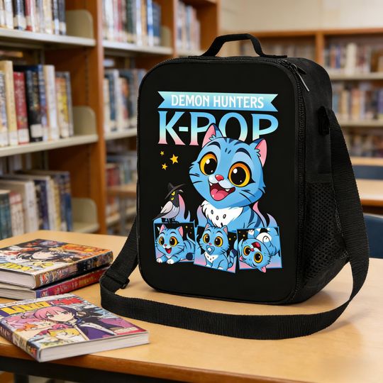 Discover Kpop Demon Hunters Lunch Bag, Kawaii Blue Cat Cartoon Tote, Kids Fandom Accessory