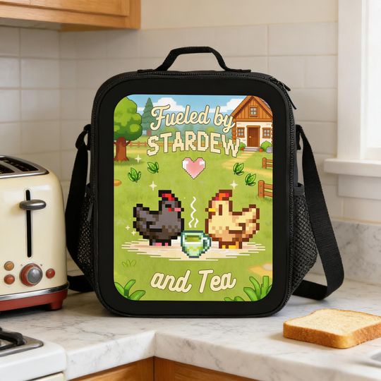 Stardew Valley Chicken Insulated Lunch Bag, Fueled By Tea Pixel Art Tote