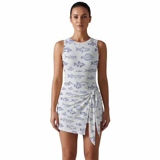 Discover Fish Print Sleeveless Bodysuit Dress, Womens Swimsuit Dress, One Piece Swim Dress, Cute Summer Outfi