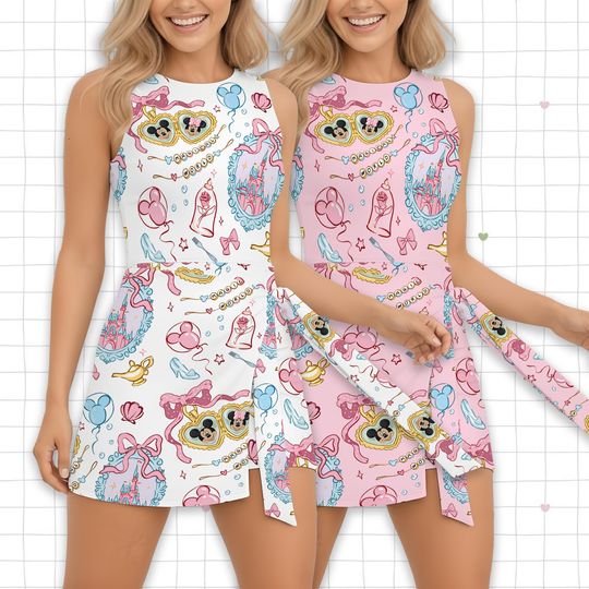 Discover Coquette bow Mickey Minnie Heart Locket Tennis Dress Skirt, Magical World shirt, WDW Disneyland Girls trip Girly Tennis Dress Skirt