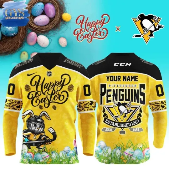 Discover NHL Custom Name Number Pittsburgh Penguin Happy Easter Day Hockey Jersey Shirt