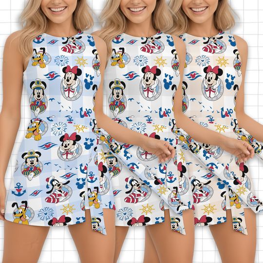 Discover Blue Plaid Sailor Tennis Dress, Mickey Mouse Disney Cruise Skort, Nautical Castaway Cay Outfit, Wish Vacation Wear Running