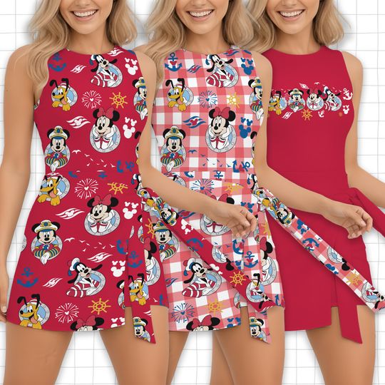 Discover Vibrant Red Nautical Mickey and Friends Tennis Dress, DCL Pirate Night Porthole Outfit, Disney Cruise Line Sailing Summer Vacation Skort