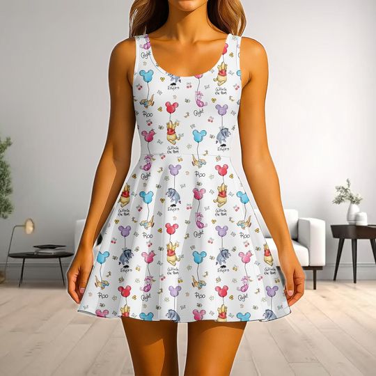 Winnie The Pooh And Friends Skater Dress, Disney Pooh Women Dress, Disneyland Dress, Pooh Bear Dress, Disney Pooh Balloons Dress Gift