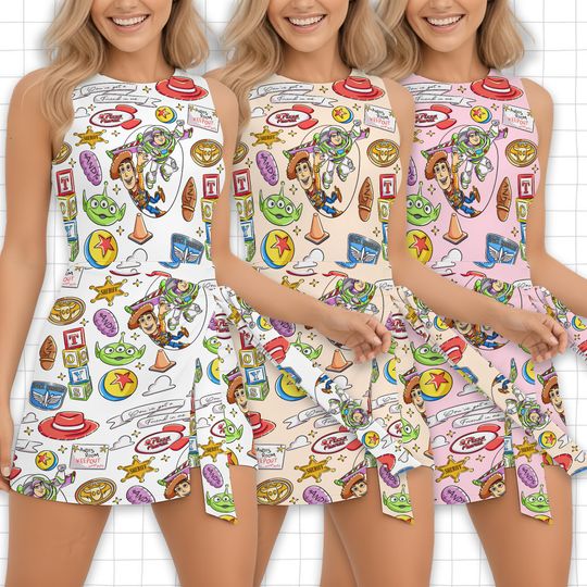 Discover Disney Pixar Toy Story Tennis Dress Skirt, Woody Buzz Rex Hamm Tee, Pizza Planet Characters, Disneyland Trip Tennis Dress Skirt