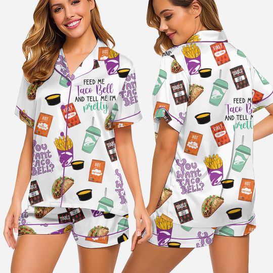 Womens Taco Bell Funny Pajama Set  Short Sleeve Button-Down Shirt & Shorts, Cute Fast Food Print Sleepwea