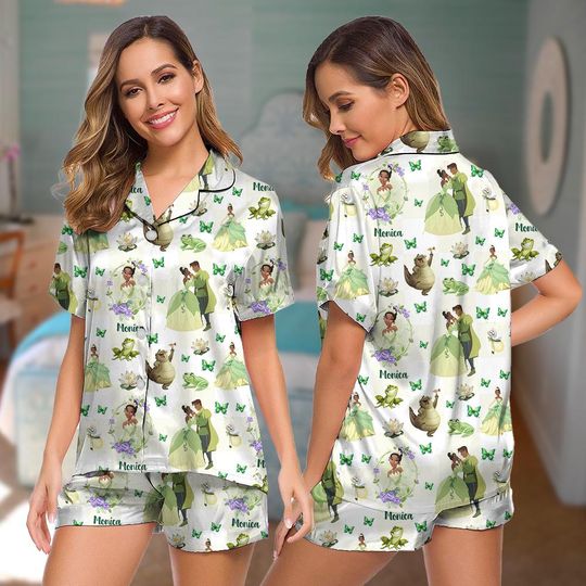 Personalized Tiana Pajamas, Princess and the Frog Sleepwear, Custom Name Disney PJs for Women, Tiana and Naveen Lounge Set, Gift for Her