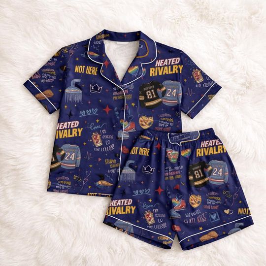 Custom Navy Pajama Set, Printed Button-Up Sleepwear, Elastic Waist Shorts