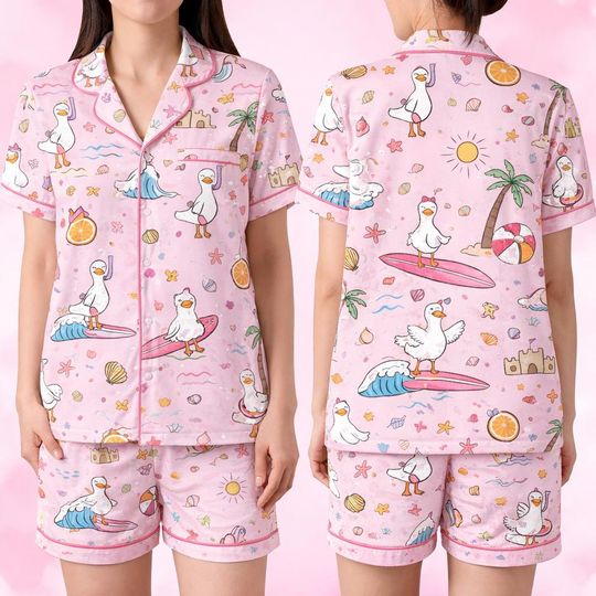 Discover Pink Summer Goose Scrub Pajama Set, Goose Sleepwear Women, Summer Silly Goose Loungewear Set, Funny Goose  Pajama Set, Duck Pajama Set