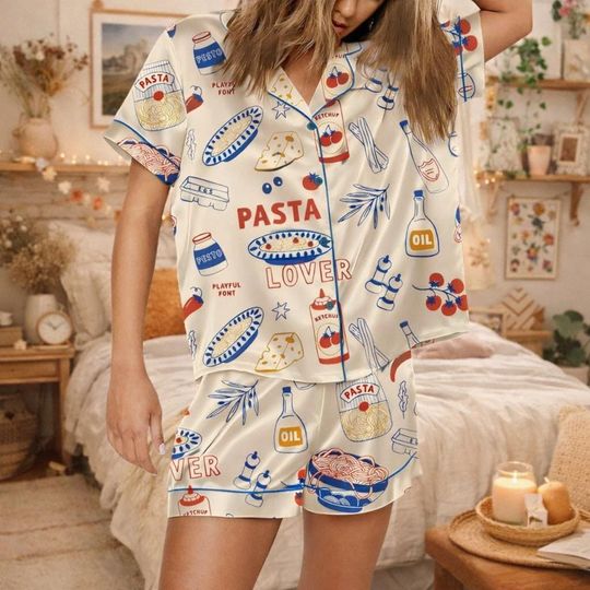 Discover Pasta Lover Pajama Set Cute Sleepwear Food Print Short Sleeve Shirt and Shorts Loungewear Funny Italian Food Nightwear for Women