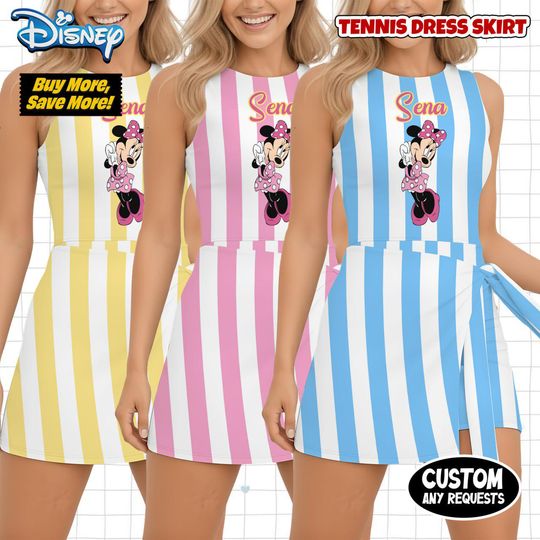 Personalized Minnie Mouse Tennis Dress Skirt, Custom Name Disney Stripes Athletic Wear, Magical Kingdom Custom Gift.