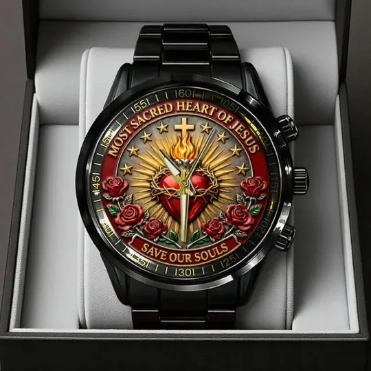 Discover Sacred Heart of Jesus Black Stainless Steel Watch