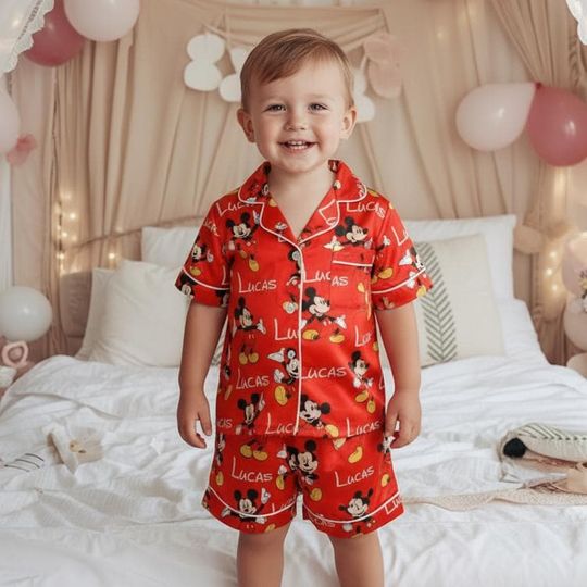 Discover Custom Name Mickey Satin Pajamas Set, Personalized kids name Sleepwear, Disney Matching Pajamas, Disney Sleepwear, Mickey Mouse Pajamas