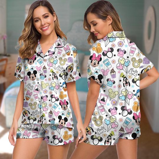 Discover Mickey and Friends Pajama Set, Disneyland Snacks Sleepwear, Magical Park Disney Loungewear, Cute Spring Vacation Pajamas for Women
