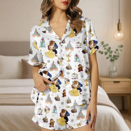 Discover Disney Beauty and the Beast Silk Pajama Set, Disney Princess Belle Sleepwear, Disney Princess Pajama, Disney World Trip Pjs Gift