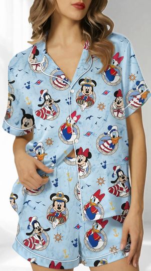 Discover Disney Nautical Silk Pajama Set, Mickey Minnie Donald Button pjs , Disney Nautical Cruise Character Button up, Cruise Vacation To