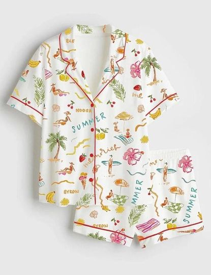 Discover Women's Tropical Vacation Pajama Set, Fruity Cocktail Pjs, Short Sleeve Sleepwear, Summer Beach Loungewear, Girls Trip Gift