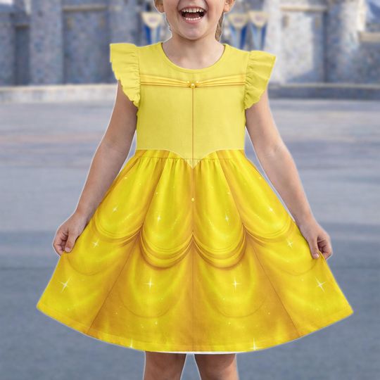 Discover Belle Princess Dress, Beauty And The Beast Flutter Sleeve Dress, Disney Princess Ruffle Dress, Birthday Girl Gift,Cute Princess Costume