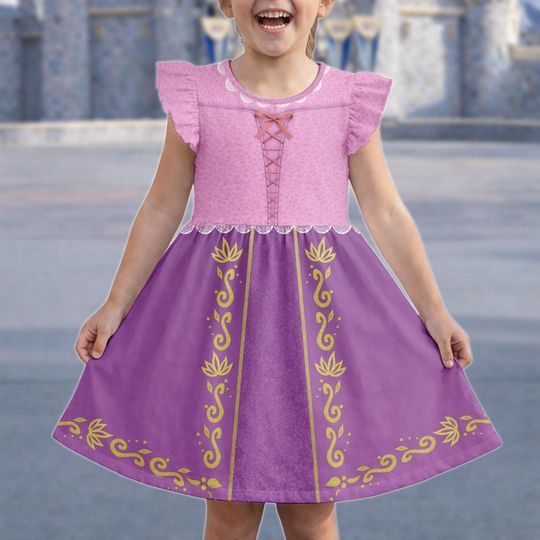 Princess Rapunzel Dress, Disney Tangled Princess Flutter Sleeve Dress, Summer Disneybound 2026 Ruffle Dress, Birthday Girl Gift For Her