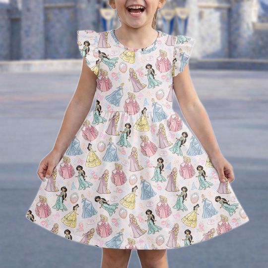 Disney Princess 2026 Flutter Sleeve Dress, Rapunzel Cinde Belle Princess Ruffle Dress, Magic Kingdom Dress, Birthday Girl Gifts