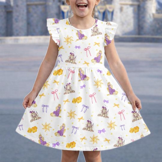 Rapunzel Tangled Princess Flutter Sleeve Dress, Disney Princess Dress, Disney Coquette Bow Ruffle Dress, Disney Vacation 2026 Dress