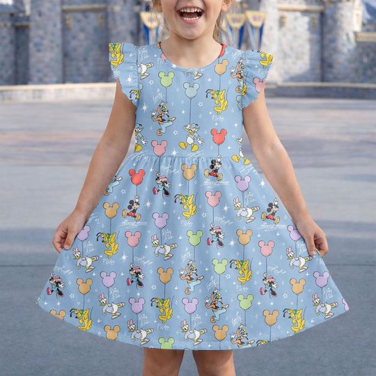 Discover Vintage Disney Mickey And Friends Signatures Ruffle Dress, Disneyland Flutter Sleeve Dress, Disney Trip, Disneyworld Birthday Girl Gift