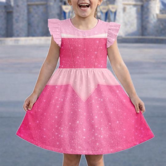 Discover Princess Aurora Dress, Disney Pink Princess Ruffle Dress, Disneybound 2026 Kid Dress, Flutter Sleeve Dress, Cute Birthday Girl Gifts