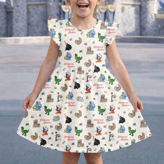 Hollywood Studios Dress, Disney Park Collage Flutter Sleeve Dress, Tower of Terror Fantasmic Disney Trip, Sorcerer Mickey Park Trip