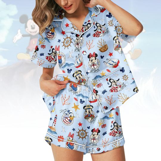 Discover Disney Short Satin PJs Set, Cartoon Mickey Satin Pajamas, Nautical Short Pajama Set, Minnie Mouse Satin Pyjama, Gift for Disney Fan