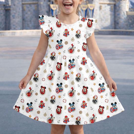 Marvel Day At Sea Disney Cruise Squad Dress, Mickey Friends Cruise Outfit, Disney Cruise Line Costume, Superhero Flutter Sleeve Dress